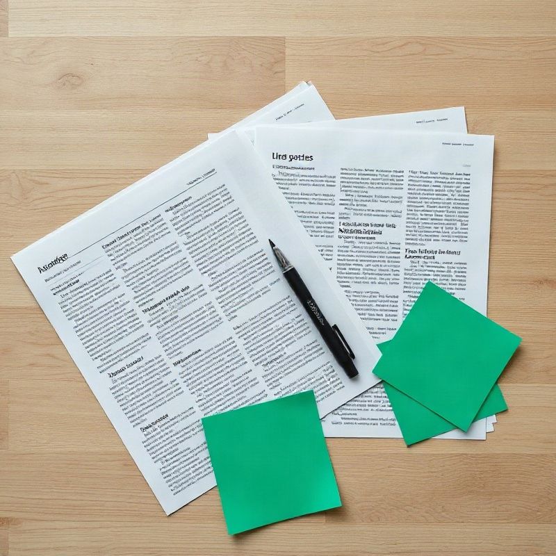 Uredno posloženi printani članci i zeleni post-it papirići na drvenom stolu