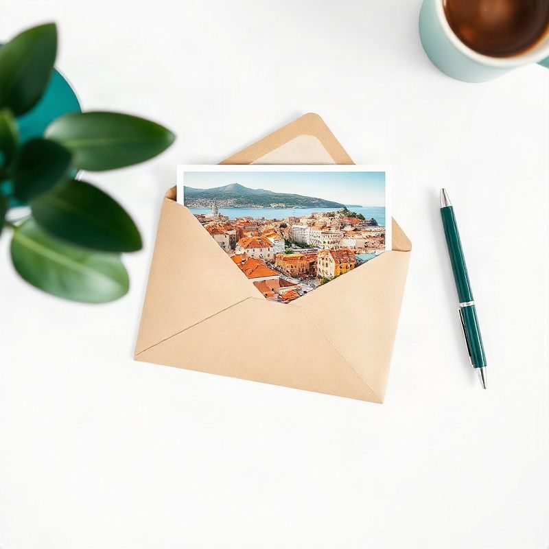 Otvorena omotnica, olovka i razglednica iz Dubrovnika na minimalnom stolu