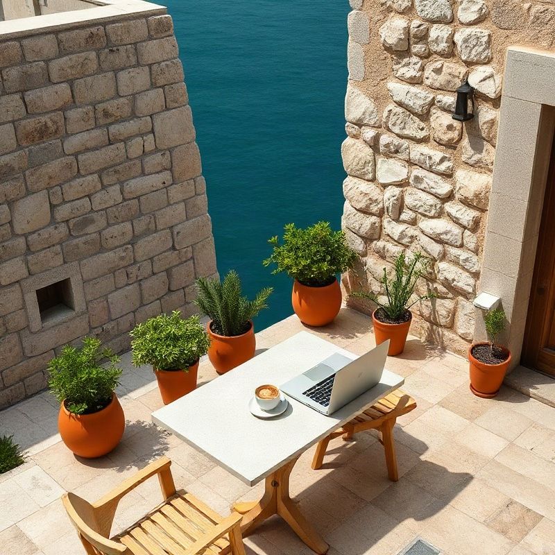Kamena terasa u Dubrovniku s laptopom i biljkama